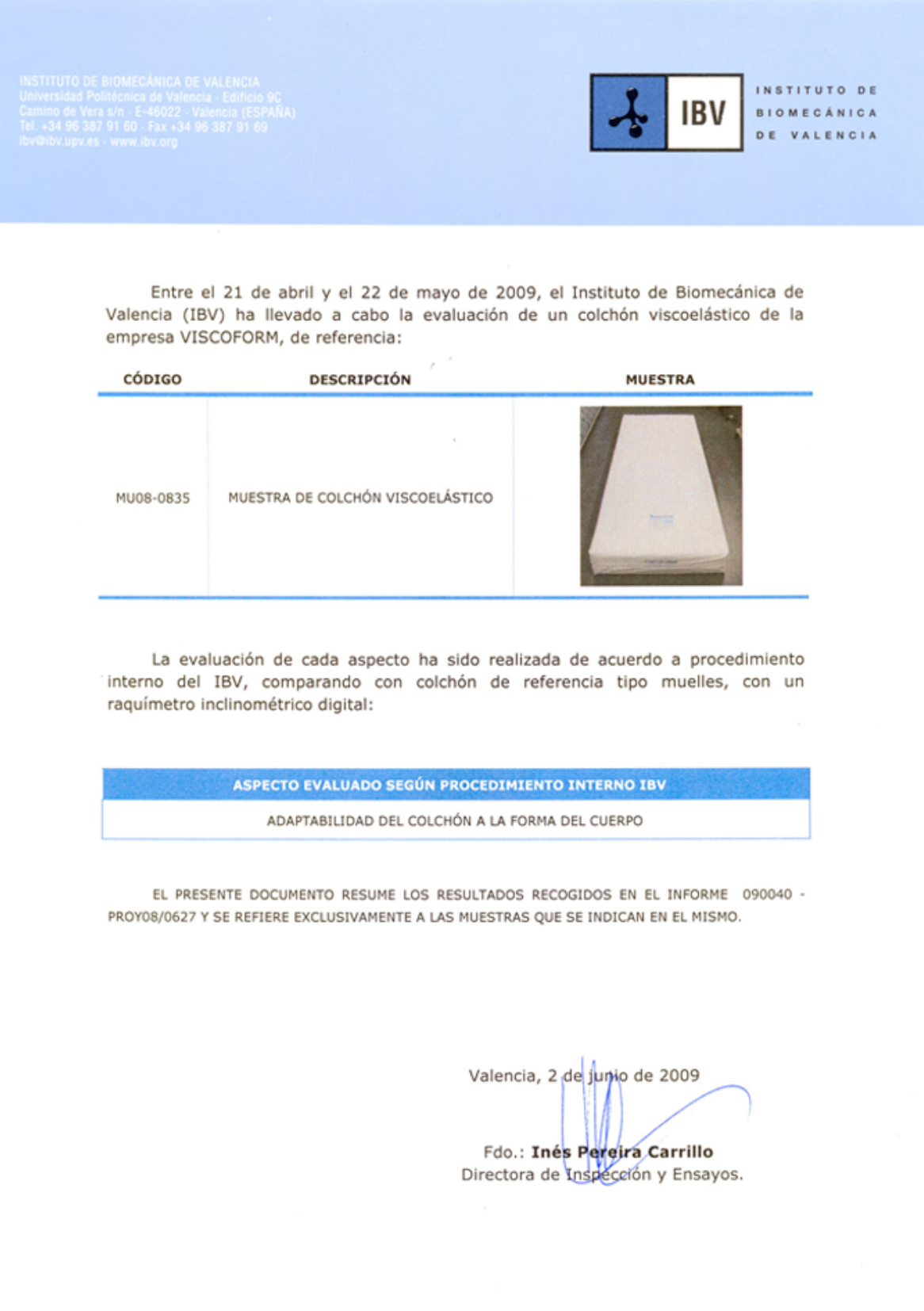 Ensayos Postura en Colchón Ergonómico Viscoform por IBV
